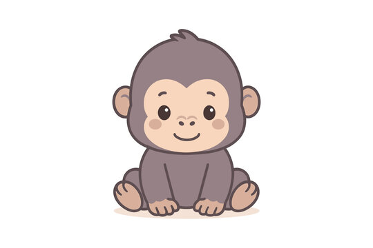 Cute baby gorilla in minimal flat style on white background