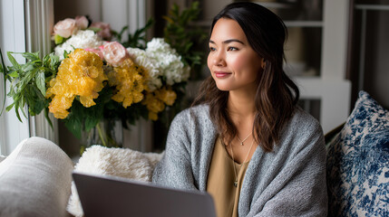 Female remote worker in comfortable setting with computer soft cozy environment women's wellness workspace feminine career balance relaxed professional scene with copy space