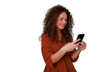 Woman with curly hair using smartphone, smiling and texting, social media concept, connecting online, transparent background
