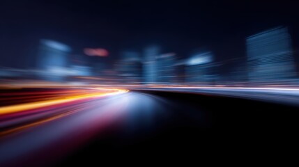 Dynamic streaks of neon motion lights sweeping across a modern cityscape, abstract speed and technology concept