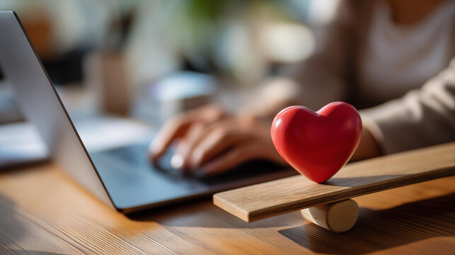 Technology and heart on tilting device defocused background laptop emotion seesaw career feeling balance professional personal equilibrium symbol with copy space