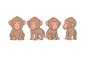 Cute cartoon monkeys in various poses on white background