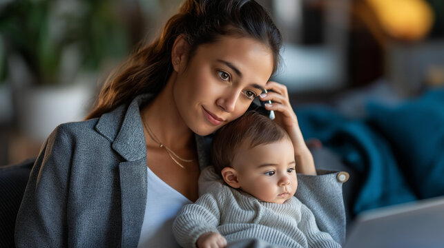 Caregiver managing infant and professional calls simultaneously soft home background parenting work juggling childcare career blend multitasking parent scene with copy space - Powered by Adobe