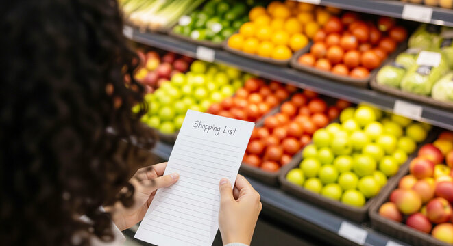 Woman checking grocery list in produce section