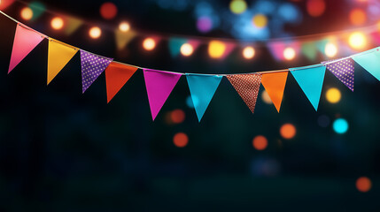 Vibrant party themed background with colorful bunting and festive string lights on dark backdrop