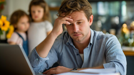 Parent attempting remote work with multiple children defocused home office chaos family work challenge parenting career struggle domestic multitasking difficulty with copy spa