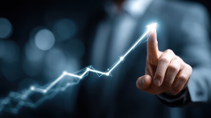 Man touches glowing arrow pointing upwards representing business growth success and achievement in a modern and technological setting