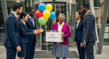 Corporate team celebrating retiree with gifts and balloons