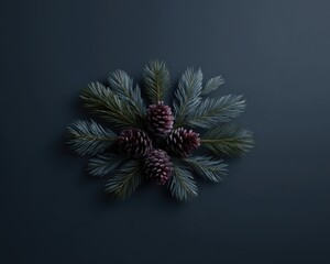 Winter festive composition with fir sprigs and cones arranged symmetrically on dark background