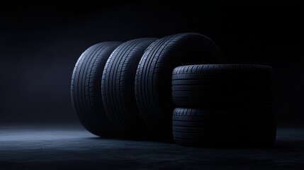 Four premium tires aligned symmetrically, dark ambient lighting emphasizing texture