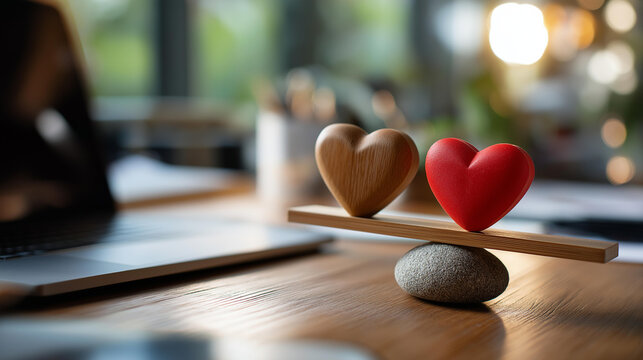 Seesaw featuring technology and heart symbol out of focus backdrop career emotion balance laptop love equilibrium professional personal harmony metaphor with copy space - Powered by Adobe