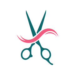 A professional and modern logo illustration featuring crossed teal scissors behind a flowing pink wavy strand of hair symbolizing a salon