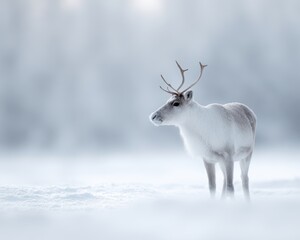 Arctic reindeer standing calmly in snowy terrain, serene winter wildlife moment
