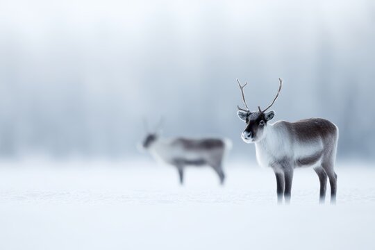 Reindeer captured in crisp winter environment, quiet Arctic scenery
