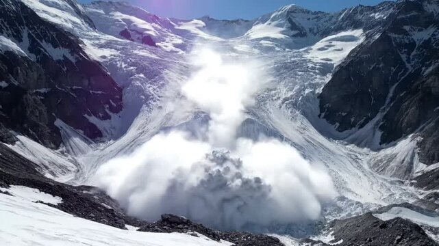 Dramatic glacier calving event showing a massive ice formation breaking away and crashing down the mountain