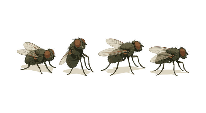 Realistic housefly collection: detailed insect illustrations in multiple angles