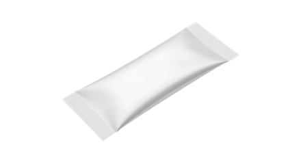 White rectangular foil sachet with crimped edges angled on a, isolated on a transparent background, cutout, PNG