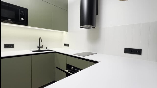 Modern green and white kitchen in a stylish apartment with clean lines and minimalist design.