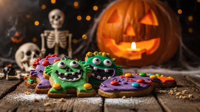 Spooky Halloween scene with monster cookies, a carved pumpkin with lit candle, and eerie decorations on a wooden table