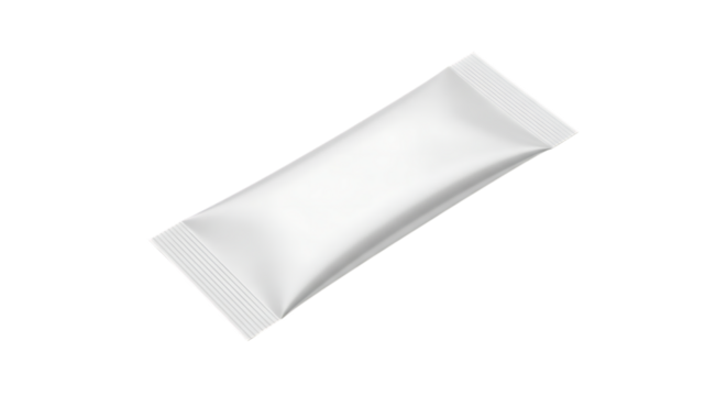 White rectangular foil sachet with crimped edges angled on a, isolated on a transparent background, cutout, PNG