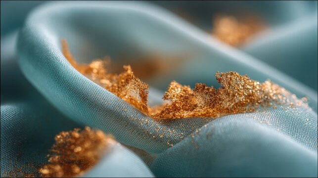 Elegant blue fabric draped with sparkling golden glitter textures - Powered by Adobe