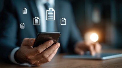 Businessman uses smartphone and tablet for document management and paperless office online data storage and digital transformation business process