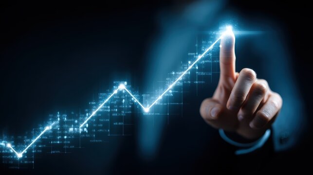 Finger presses virtual growing graph demonstrating business success and positive financial market growth and advancement