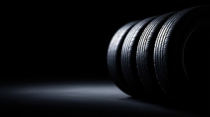 Horizontal composition of four automobile tires under moody low-key lighting, black background