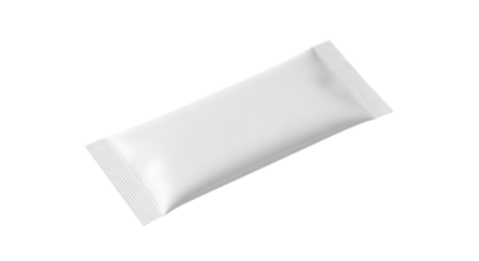 Single white sachet with ribbed edges angled on a dark background, isolated on a transparent background, cutout, PNG