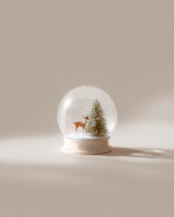 Cozy Christmas snow globe featuring a deer beside a tiny pine tree, warm festive ambiance, blank area for text