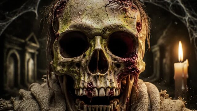 Ghastly close-up of a decaying skull with exposed teeth, in a dimly lit, cobweb-filled crypt with a flickering candle