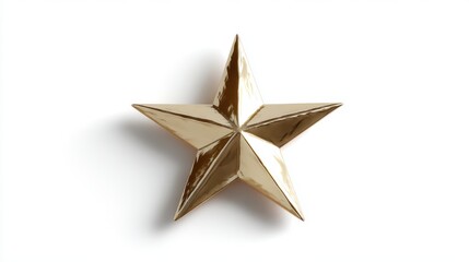 Glossy five-point Christmas star with smooth reflective gold finish, isolated white background