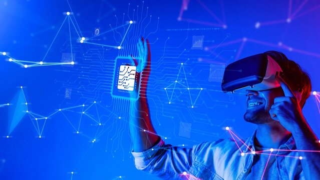 A young man enjoys a virtual reality experience, wearing a headset and interacting with a digital interface surrounded by dynamic technology elements. Raster