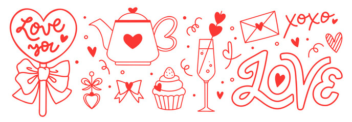 Hand-drawn line art collection of love elements isolated on white background. Vector doodle illustration of heart shaped lollipop candy, kettle, earring, cupcake, envelope, champagne glass. 