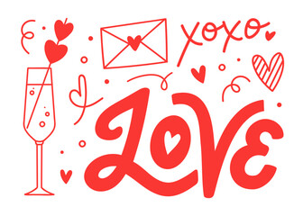 Vector doodle illustration of champagne glass, envelope, Love letters. Hand-drawn line art set of romantic elements isolated on white background. Design for card, scrapbooking, sticker, web.