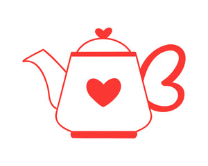 Vector line illustration of kettle with heart symbol isolated on white background. Minimalist clip art for card, scrapbook, planner, or sticker design. Valentine's day, wedding, love concept. 