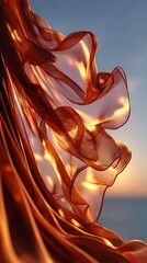 Flowing orange fabric in sunset light with gentle waves and soft glistening highlights