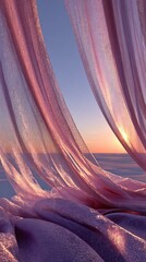 Sunset light shining through flowing pink fabric curtains by the sea