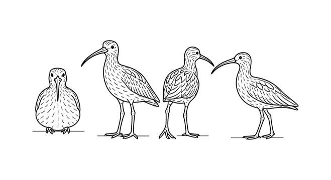 Linear art of curlew birds: minimalist bird line drawings in various poses
