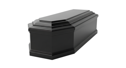 Ornate Black Coffin with Decorative Trim and Paneled Sides, isolated on a transparent background, cutout, PNG