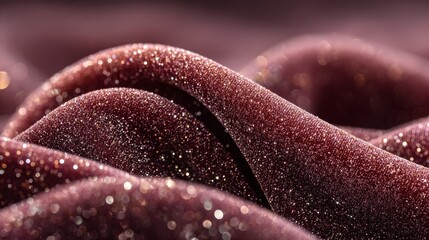 Close-up of sparkling red velvet fabric with glitter in wavy patterns