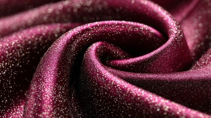 Close-up of shimmering pink fabric with glittering texture and intricate swirls