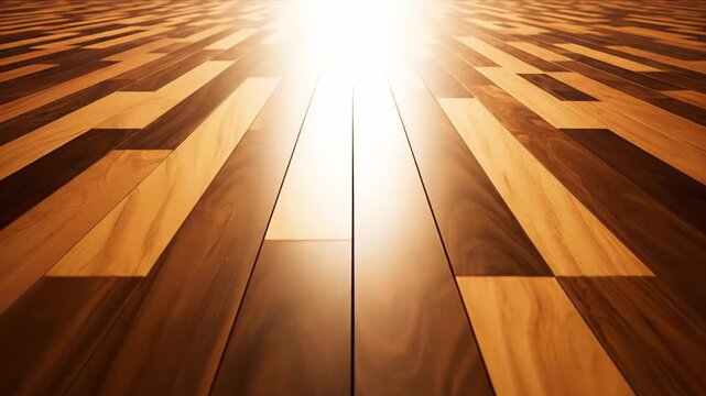Gleaming hardwood floor adorned with an exquisite parquet design leading into the distance. The polished surface catches a radiant, cozy light that seems to fade into the distance