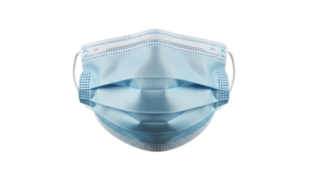 Light Blue Disposable Face Mask with White Ear Loops and Pleated Design, isolated on a transparent background, cutout, PNG