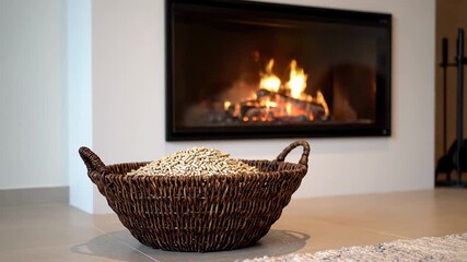 Wood pellets filling a wicker basket resting on the ground. A cozy contemporary fireplace with a flickering fire in the soft focus background - Powered by Adobe