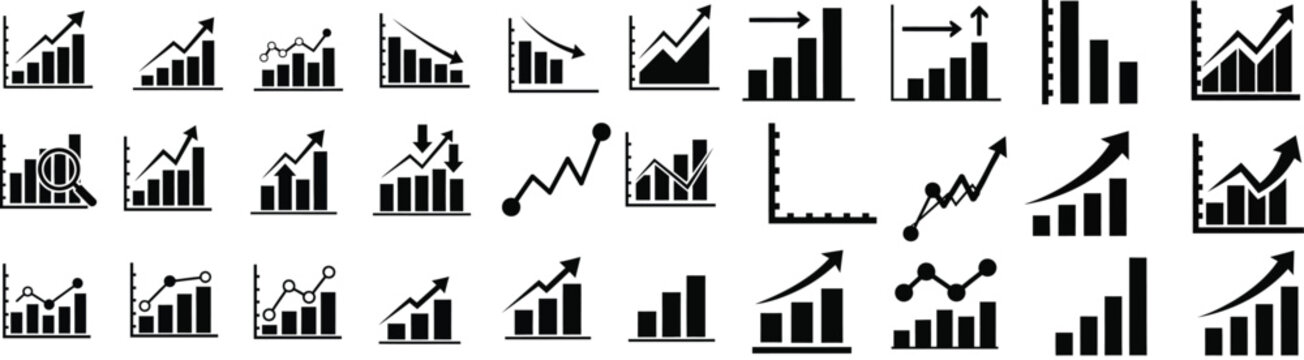 Collection of black and white bar and line graph icons