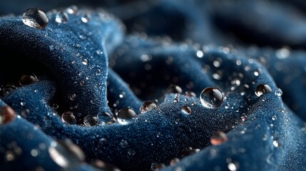 Close-up of water droplets on blue fabric texture