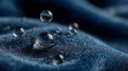 Close-up of water droplets on dark blue fabric surface