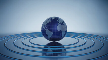 A blue globe with continents on a platform with concentric circles in a light blue background