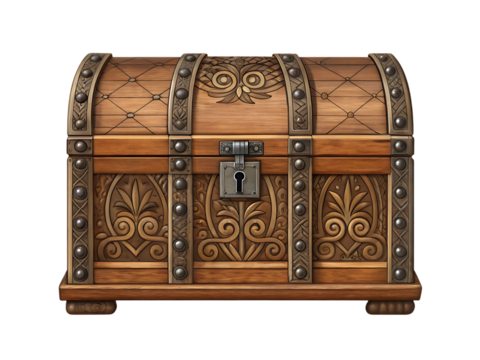 Antique brown wooden treasure chest isolated on white background, a vintage storage box with metal lock